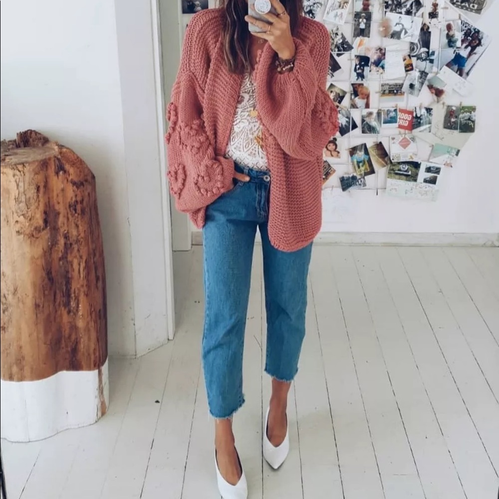 Heart pom pom knit lantern sleeve cardigan sweater - Picture 3 of 7
